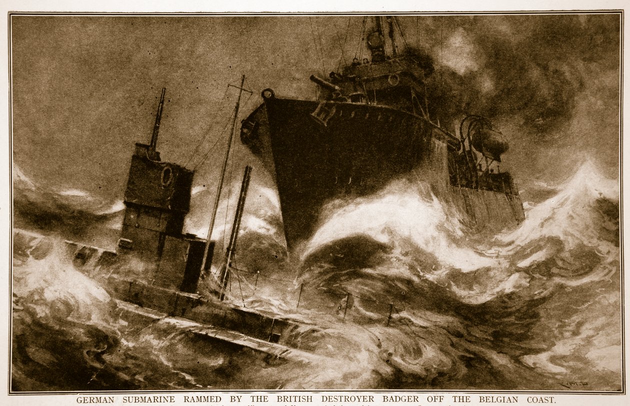 Tysk ubåt rammet av British Destroyer Badger utenfor den belgiske kysten, 1914-19 av English School