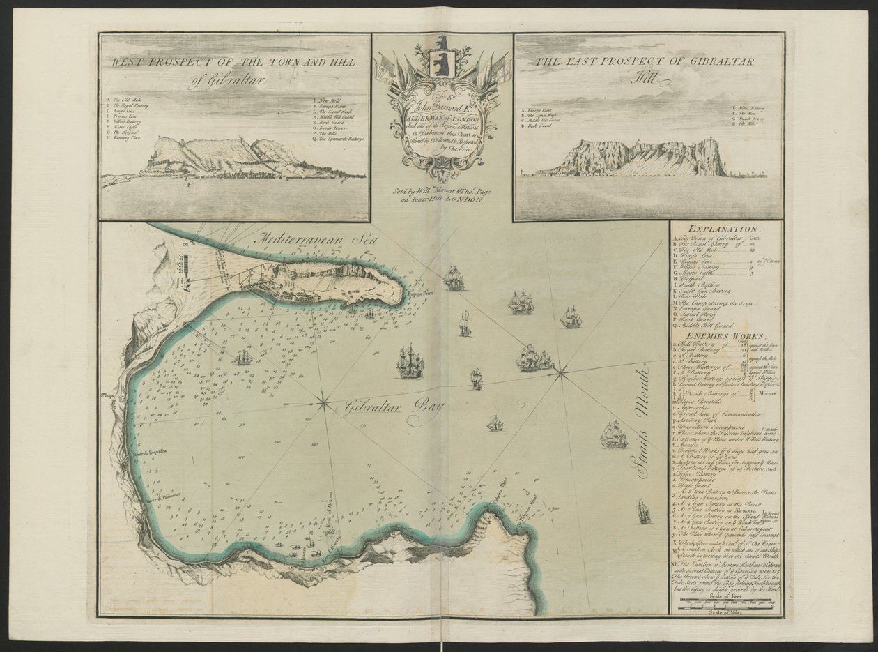 Gibraltar Bay (West and East Prospect of G. Hill.) Av C. Price, ca. 1730 (farge litho) av English School