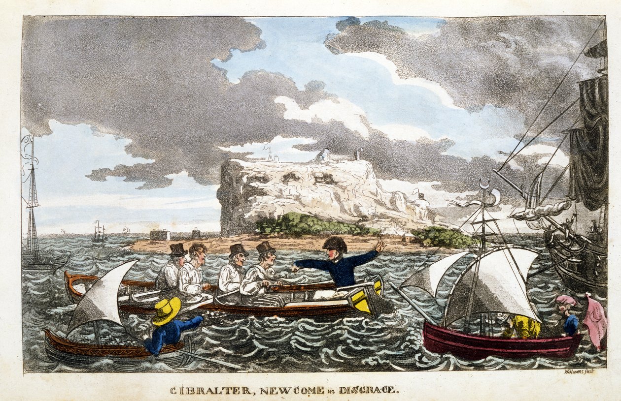 Gibraltar: Newcome in Disgrace plate fra "The Adventures of Johnny Newcome in the Navy" av John Mitford av English School