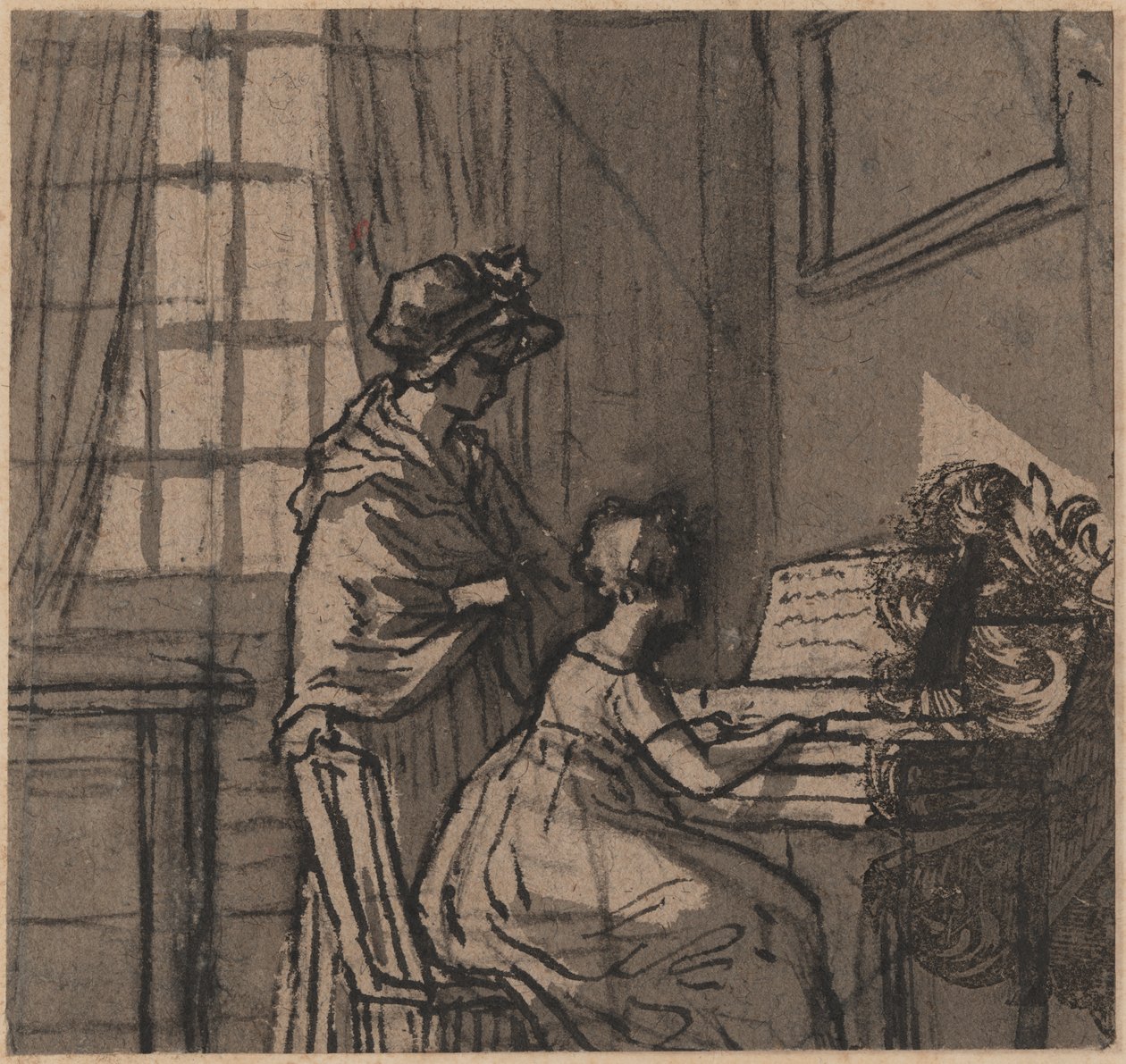 Girl at a clavichord, ca. 1800 (penn og vask på papir) av English School