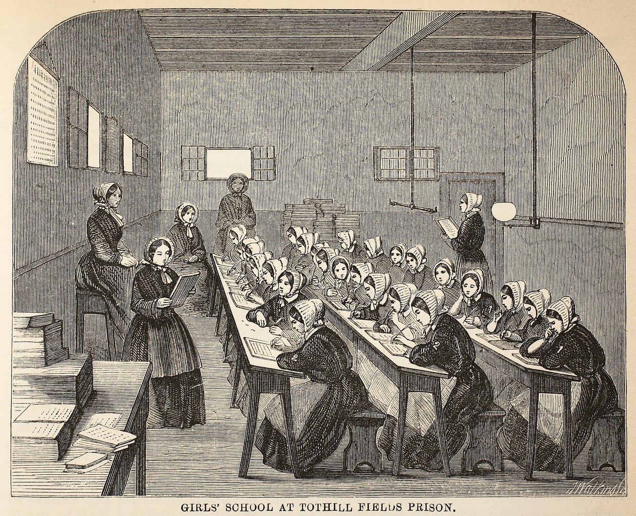 Jenteskole ved Tothill Fields Prison, illustrasjon fra The Criminal Prisons of London og Scenes from Prison Life av Henry Mayhew og John Binny, pub. 1862 av English School