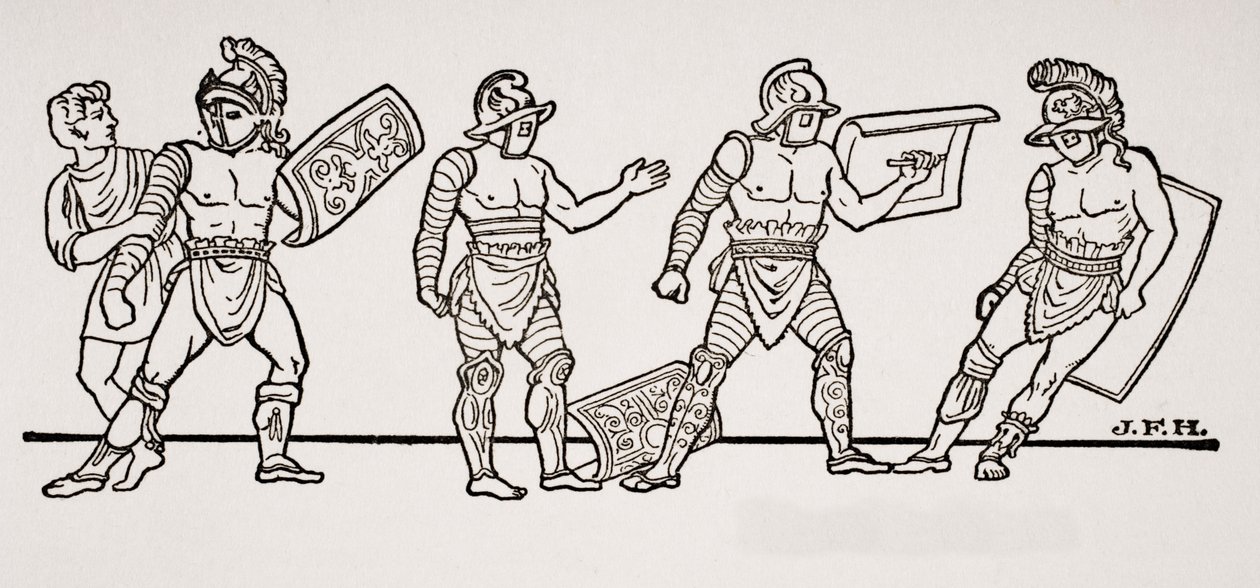 Gladiatorer, fra et veggmaleri i Pompeii, illustrasjon fra The Outline of History av H.G. Wells, bind I, utgitt i 1820 av English School