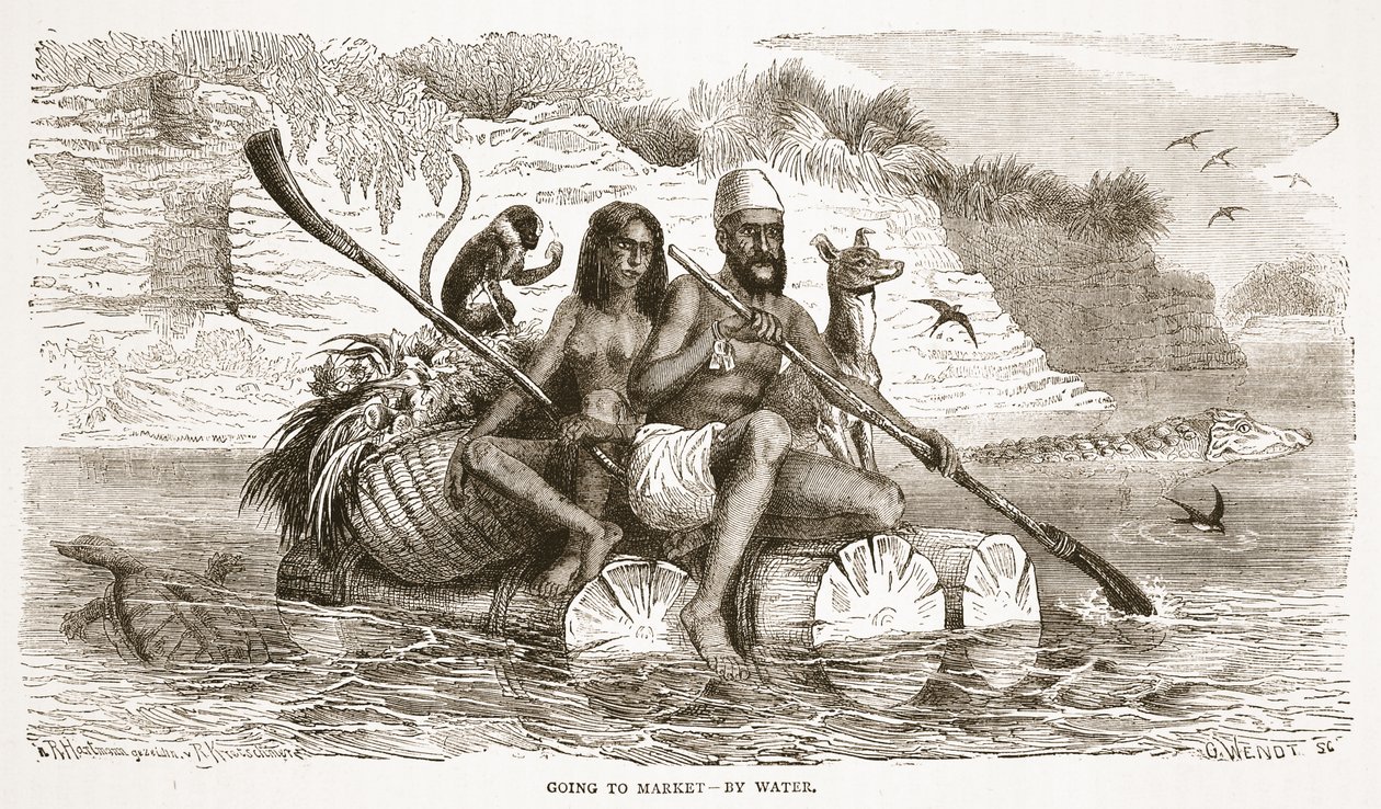 Going to market-by water, illustrasjon fra The Pictorial Edition of the Life and Discoveries of David Livingstone av J. Ewing Richie, pub. av A. Fullarton & Co., 1876 av English School