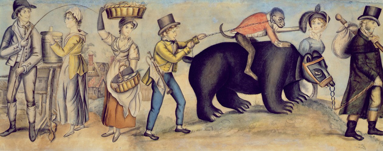 Går til messen, detalj av en opptredende bjørn og ape, ca. 1815 av English School