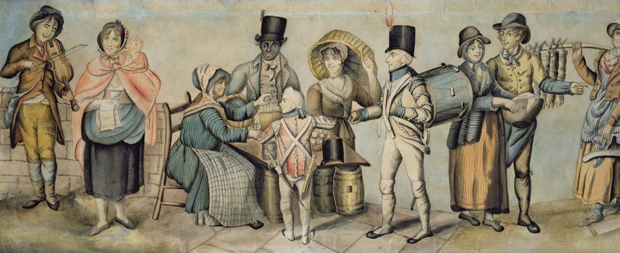 Going to the Fair, detalj av musikalsk familieakt og epleselger, ca. 1815 (wc og gouache på papir) (se også 107508 og 107509) av English School