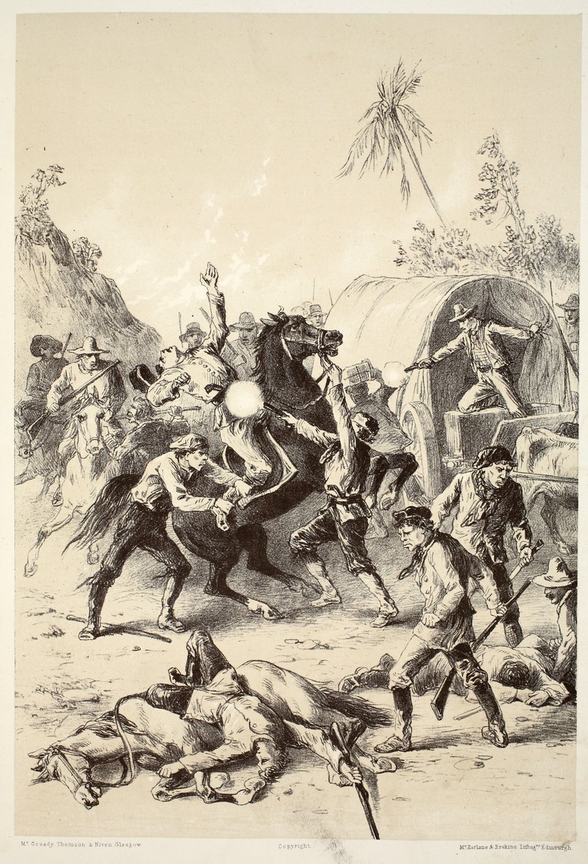 Gull-eskorte angrepet av Bush Rangers, fra The History of Australasia av David Blair, McGrady, Thomson og Niven, 1879 av English School