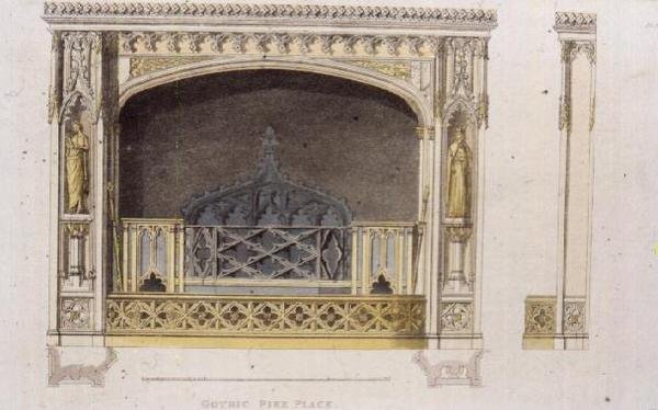 Gotisk peis, plate 149 fra Ackermanns Repository of Arts, utgitt 1825 (farge litho) av English School