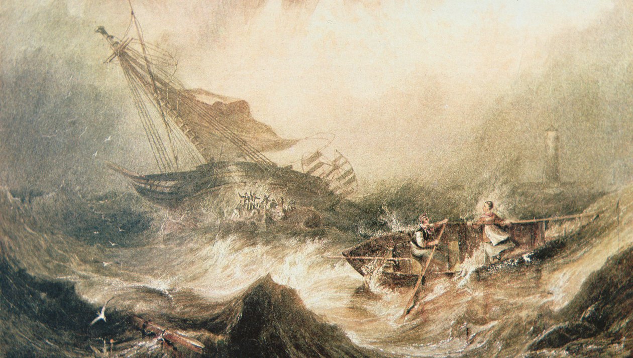 Grace Darling og faren hennes ror til unnsetning av Forfarshire-vraket utenfor Northumberland-kysten, 7. september 1838 (akvarell på papir) av English School