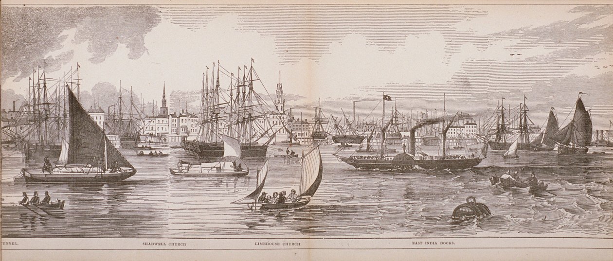 Grand Panorama of London, fra Themsen med utsikt mot Shadwell, East India Docks and Limehouse, 1849 (tregravering) av English School