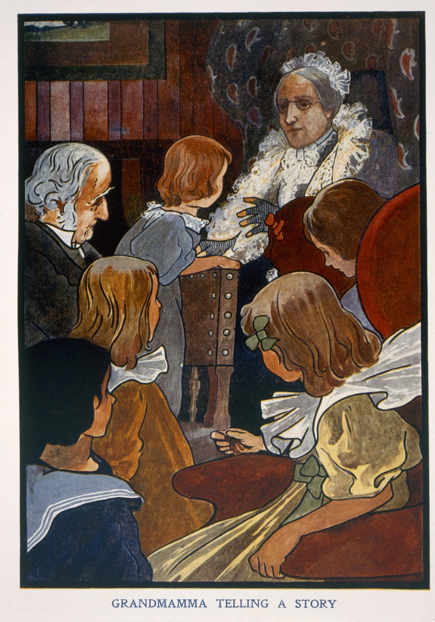 Bestemor forteller en historie (farge litho) av English School