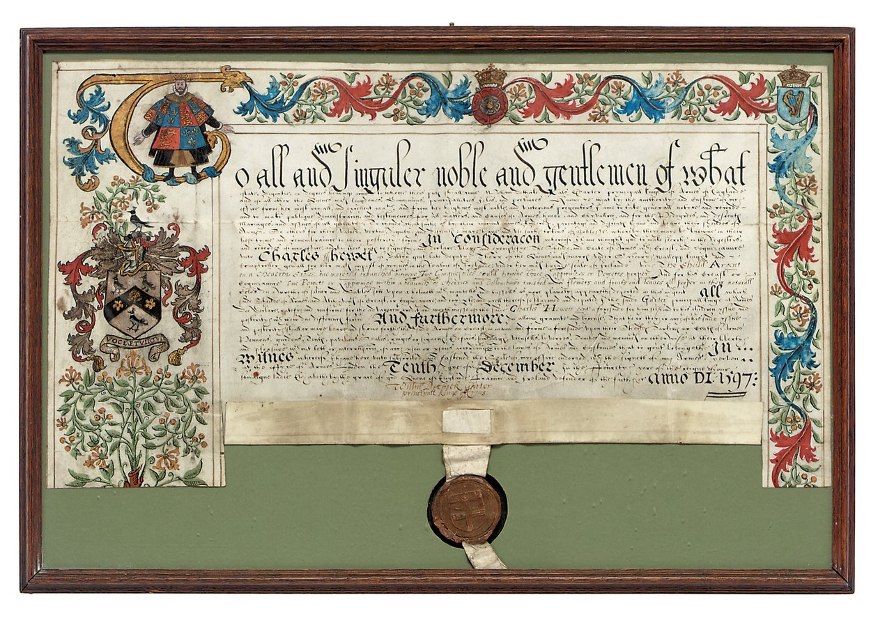 Bevilgning av våpen til Charles Hewitt, 1597 av English School