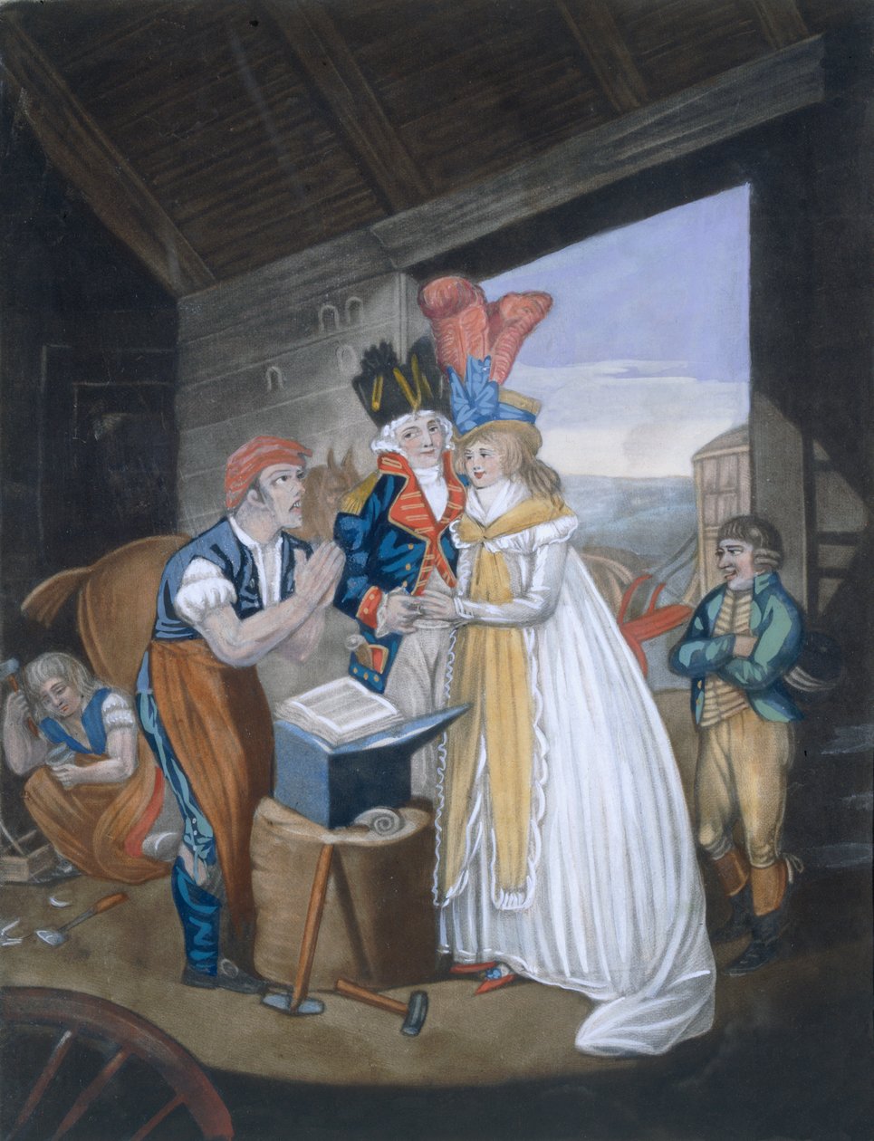 Gretna Green, eller det rødglødende ekteskapet, pub. Av Aurrie & Whittle, 1794 88:Oh! Mr Blacksmith, lind på smertene våre - og bind oss fast i Wedlocks Chains 99:female; tradisjonelle kostymer; tra av English School
