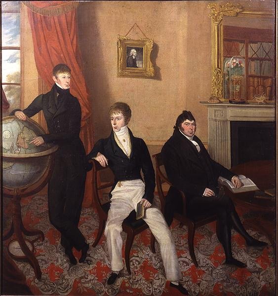 Gruppeportrett av tre menn i et forseggjort stueinteriør, ca. 1825 (olje på lerret) av English School