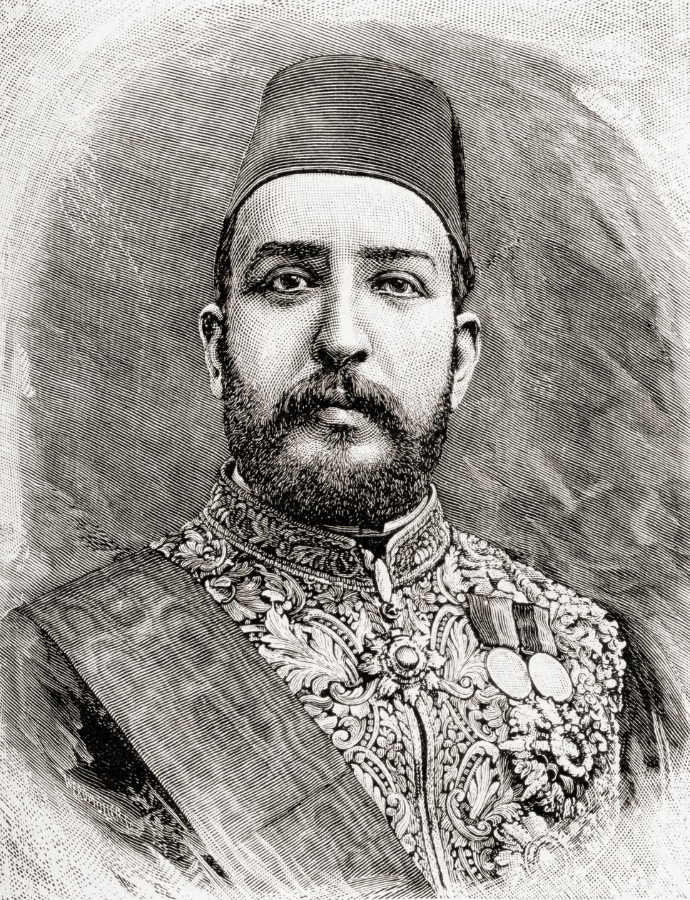 HH Muhammad Tewfik Pasha, Tawfik av Egypt, 1890 (tregravering) av English School