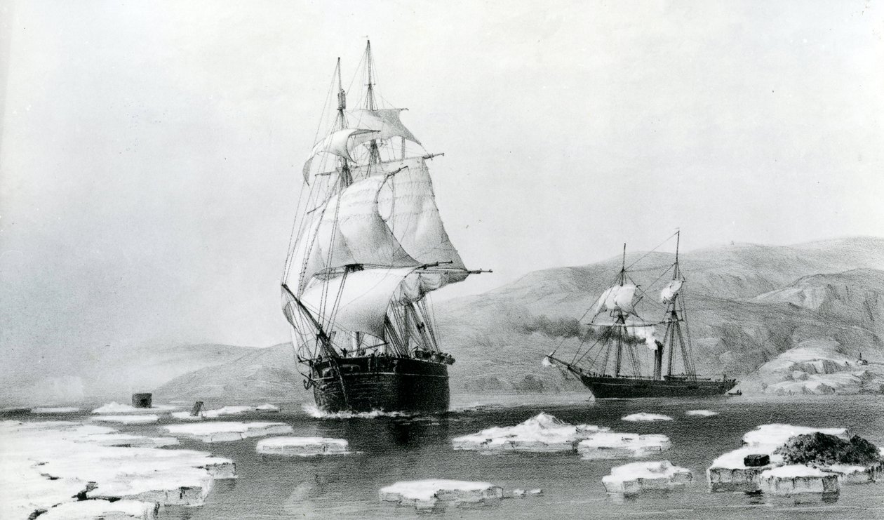 HMS Assistance og Pioneer bryter ut av vinterkvarteret i 1854 (litografi) av English School