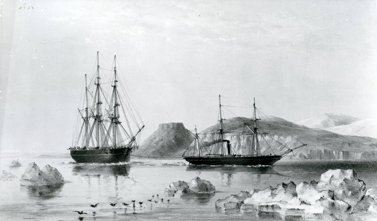 HMS Assistance in Tow of Pioneer passerer John Harrow Mount, North Wellington Channel i 1853 (litografi) av English School