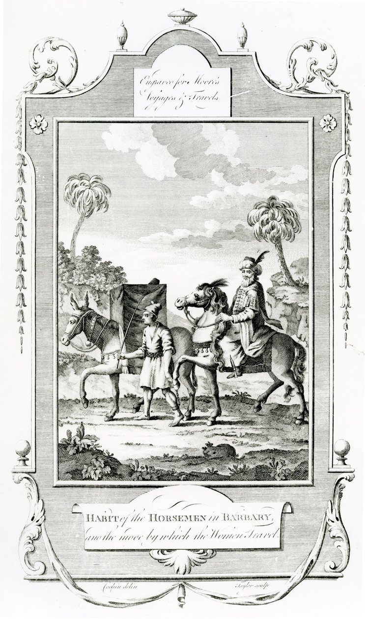 Habit of the Horsemen in Barbary, illustrasjon hentet fra Moores Voyages and Travels, av English School