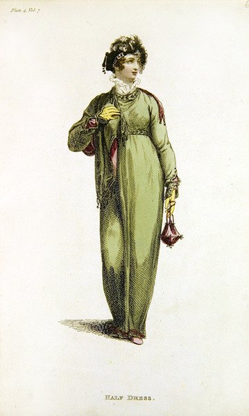Halv kjole, moteplate fra Ackermanns Repository of Arts (farget gravering) av English School