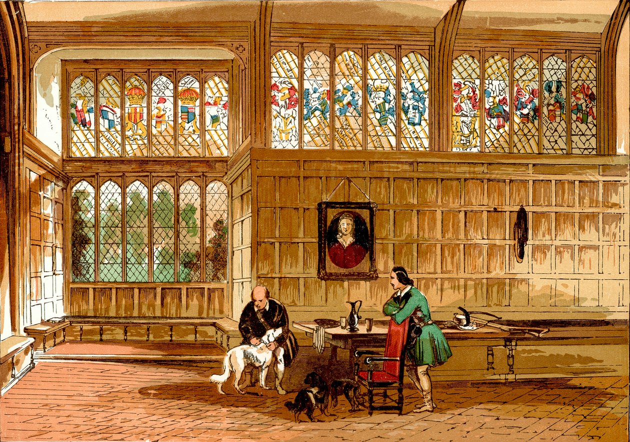 Hall i Ockwells, Berkshire (farget gravering) av English School