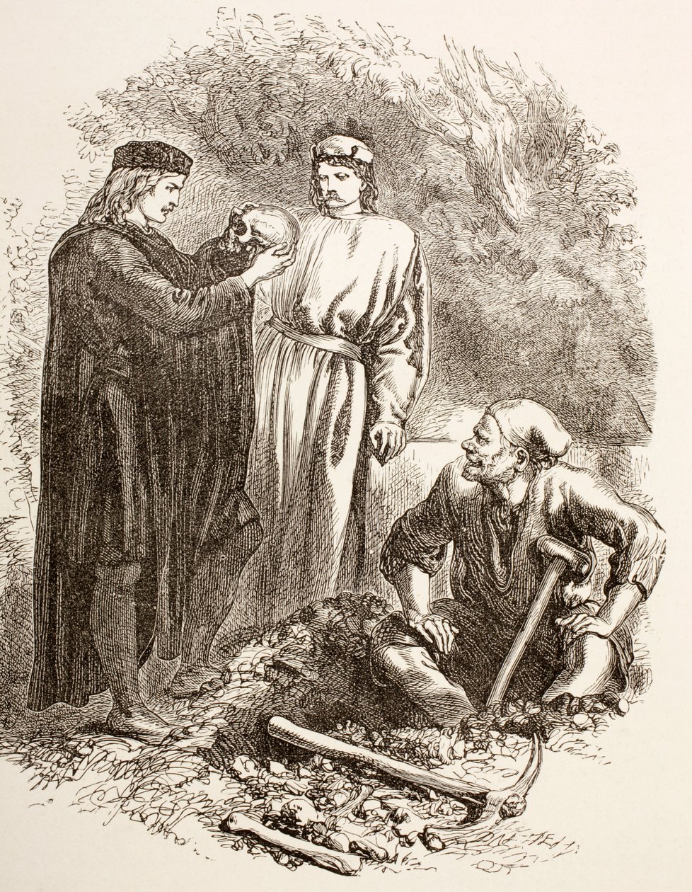 Hamlet holder hodeskallen til Yorick, illustrasjon av Act V, Scene I i Hamlet, fra 