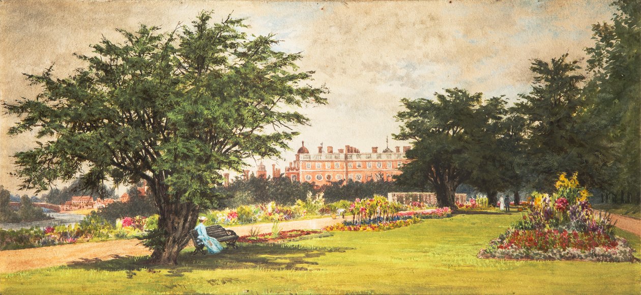 Hampton Court Gardens, ca. 1910 (akvarell på papir) av English School