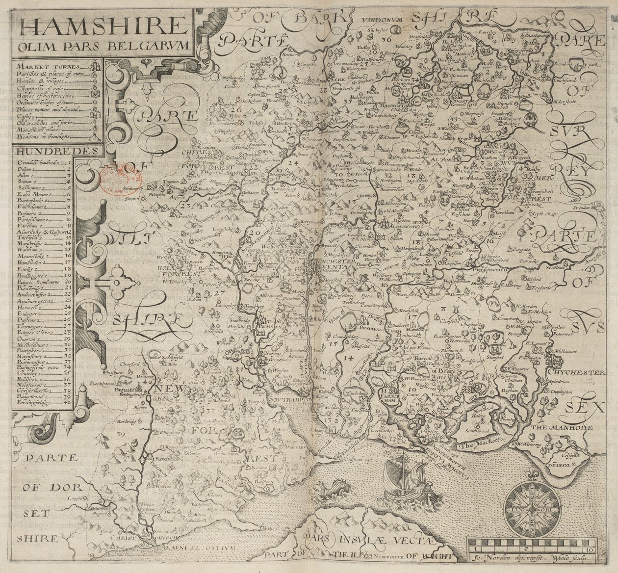 Hampshire, tidligere en del av belgierne. J. Norden beskrevet W. Hole sculp., fra Camdens "Britannia." 6. utgave. fol. 187 (gravering) av English School