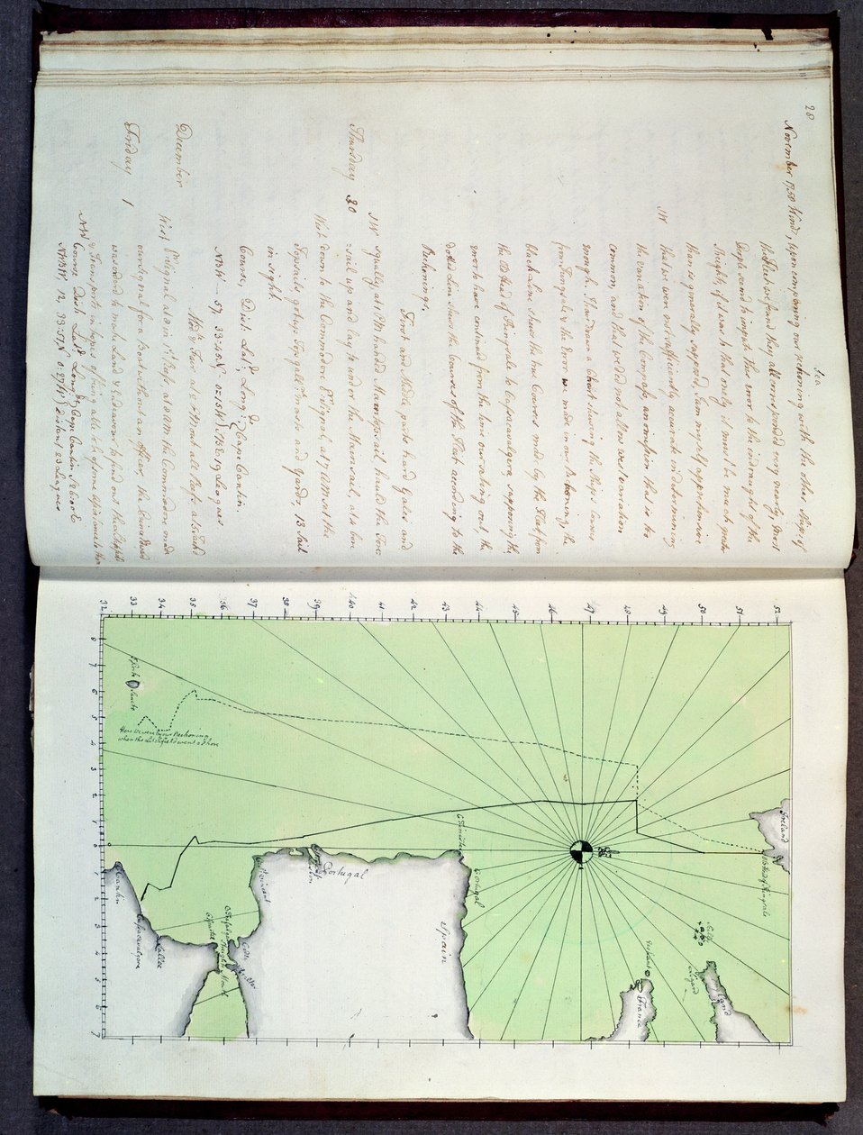 Håndtegnet kart over kysten av Portugal og Spania, 1756 (blekk på papir) av English School