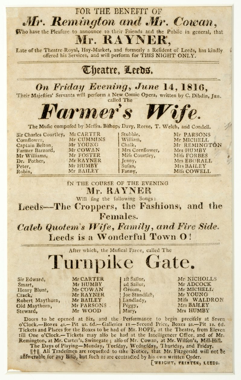 Handbill som annonserer en forestilling kun én natt av Mr. Rayner i "The Farmer