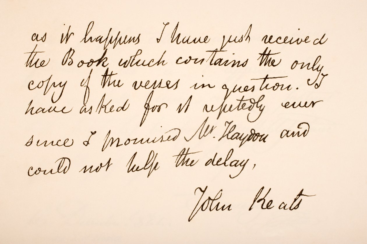 Håndskrift og signatur til John Keats av English School