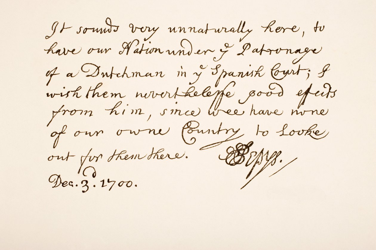 Håndskrift og signatur av Samuel Pepys, 1700 av English School