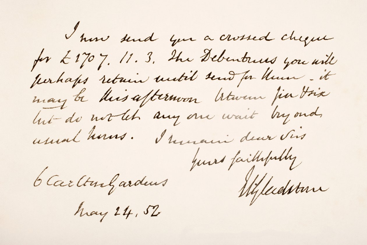 Håndskrift og signatur av William Eward Gladstone, 1852 av English School