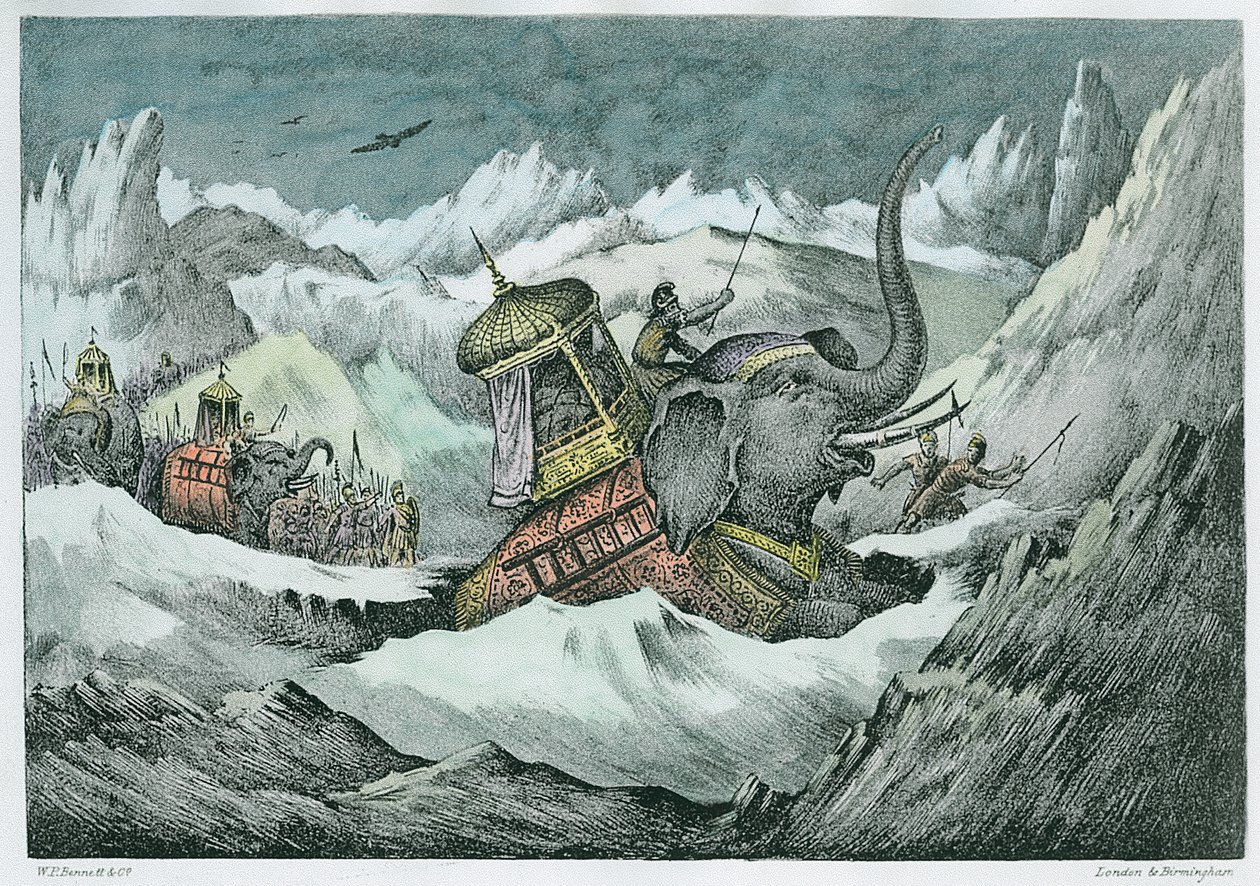 Hannibal (247-c.183 f.Kr.) og hans krigselefanter krysser Alpene (senere farge) av English School