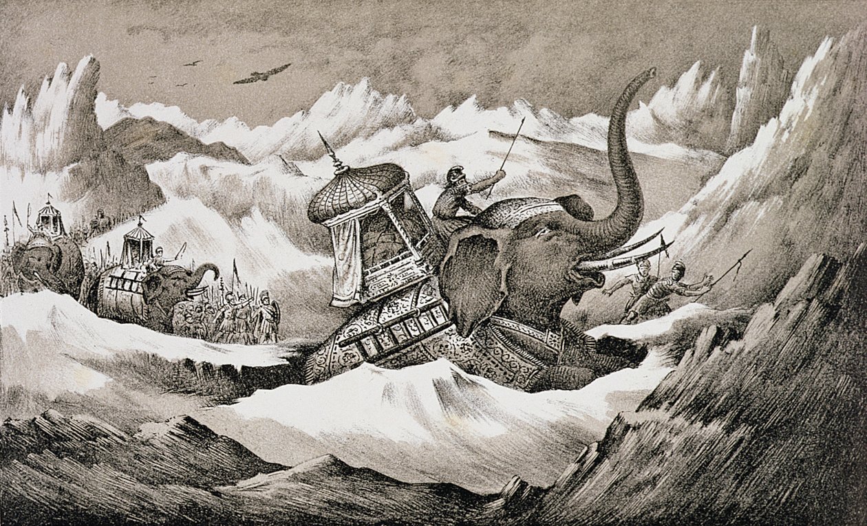 Hannibal (247-c.183 f.Kr.) og hans krigselefanter krysser Alpene av English School