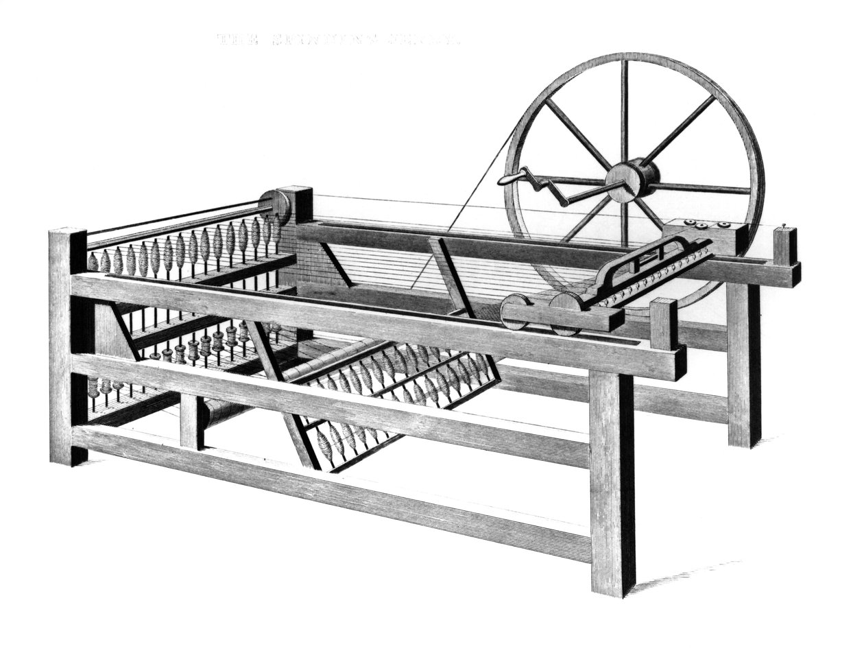 Hargreavess Spinning Jenny, gravert av T.E. Nicholson, 1834 av English School