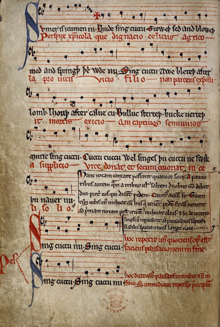 Harl 978 fol.11v Sumer er icumen in, fra Summer Canon (Reading Rota) (vellum) av English School