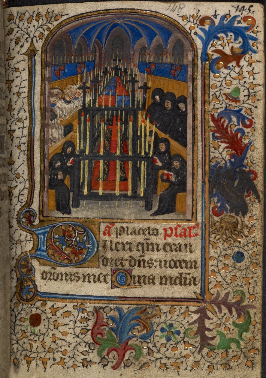 Harley 1251, fol.148 En begravelsesgudstjeneste med kisten dekket av armene til John, hertugen av Bedford, fra 'Hours of Eleanor Worcester', ca. 1430-40 (vellum) av English School