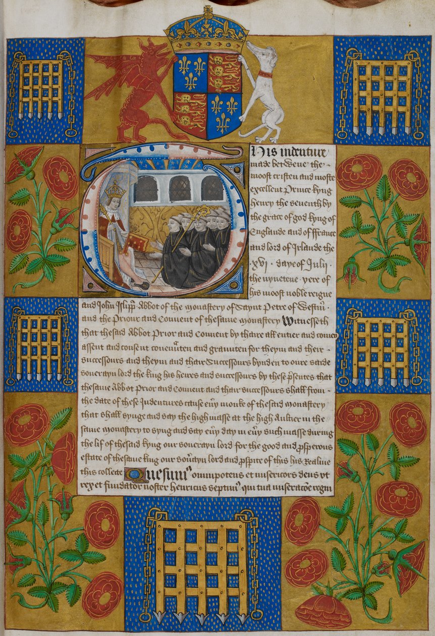 Harley 1498, f.1 Henry VII presenterer kontrakten til John Islip, Abbed of Westminster Abbey, Indentures of Westminster Abbey (vellum) av English School