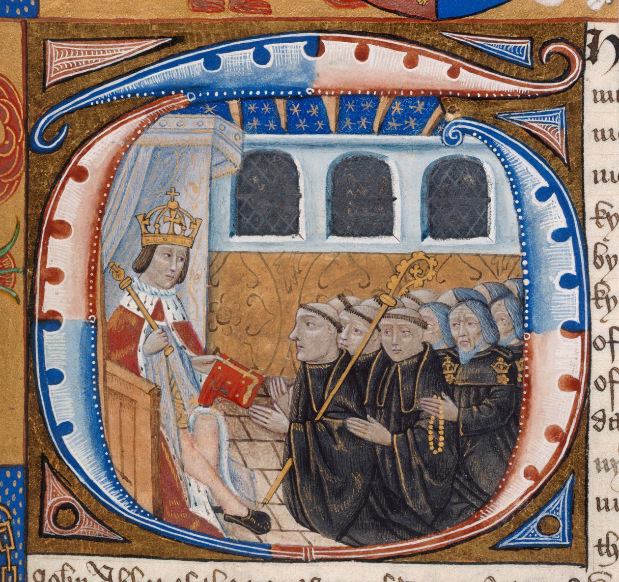 Harley 1498, f.59 Historiated Initial som viser kong Henry VII som mottar boken, illustrasjon fra 
