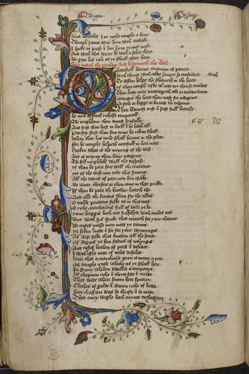 Harley 1758, f.56v Bar-kant og initial 'O' (hatfull) fra begynnelsen av Man of Law's Tale, The Canterbury Tales, inkludert den falske Tale of Gamelyn, av Geoffrey Chaucer, av English School