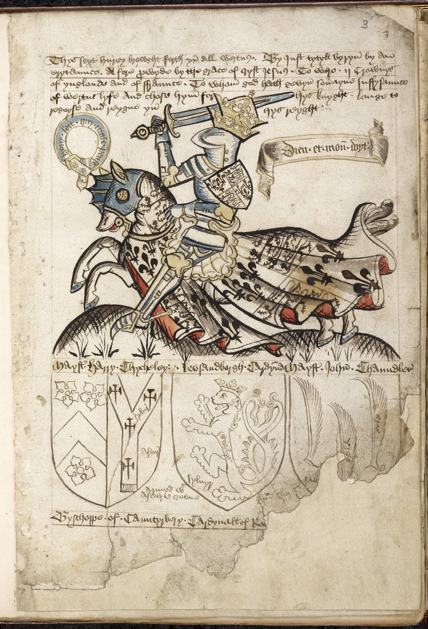 Harley 2169 f. 3 Henry VI til hest, våpenskjold i Henry VIs tid (vellum) av English School