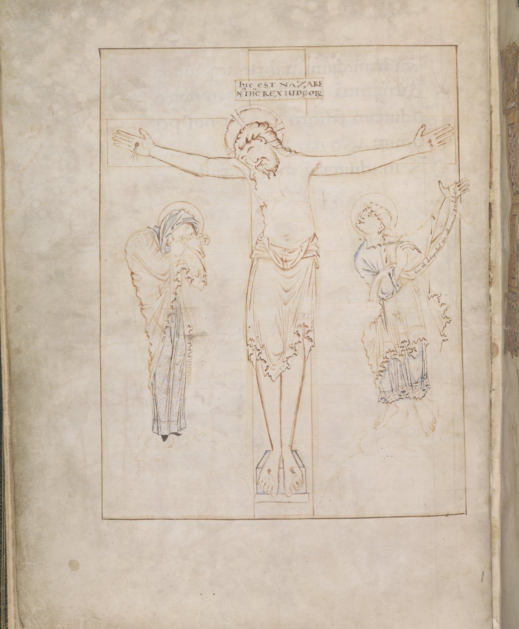 Harley 2904, f.3v, Korsfestelsen; med Jomfruen, og St. John som skrev inn sitt vitnesbyrd på en rulle, fra Ramsey Psalter, ca. 900-1000 (vellum) av English School