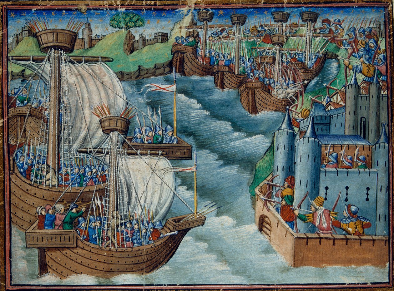 Harley 326, f.29v Christian flåte angriper havnen Gaeta i Italia, holdt av tyrkerne, fra The Three Kings