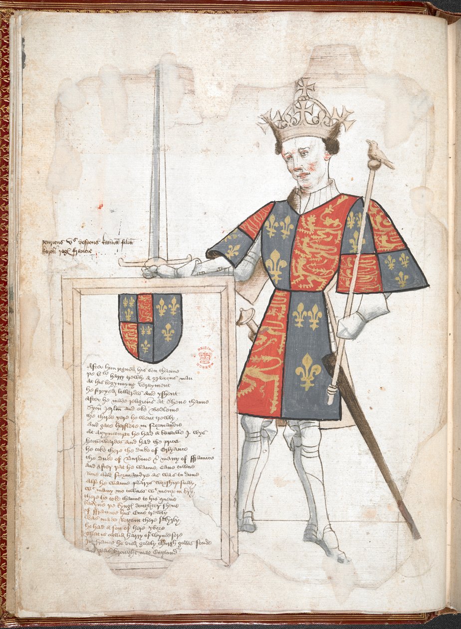 Harley 4205 f.7v En engelsk konge i rustning og tabard (Henry V) fra 