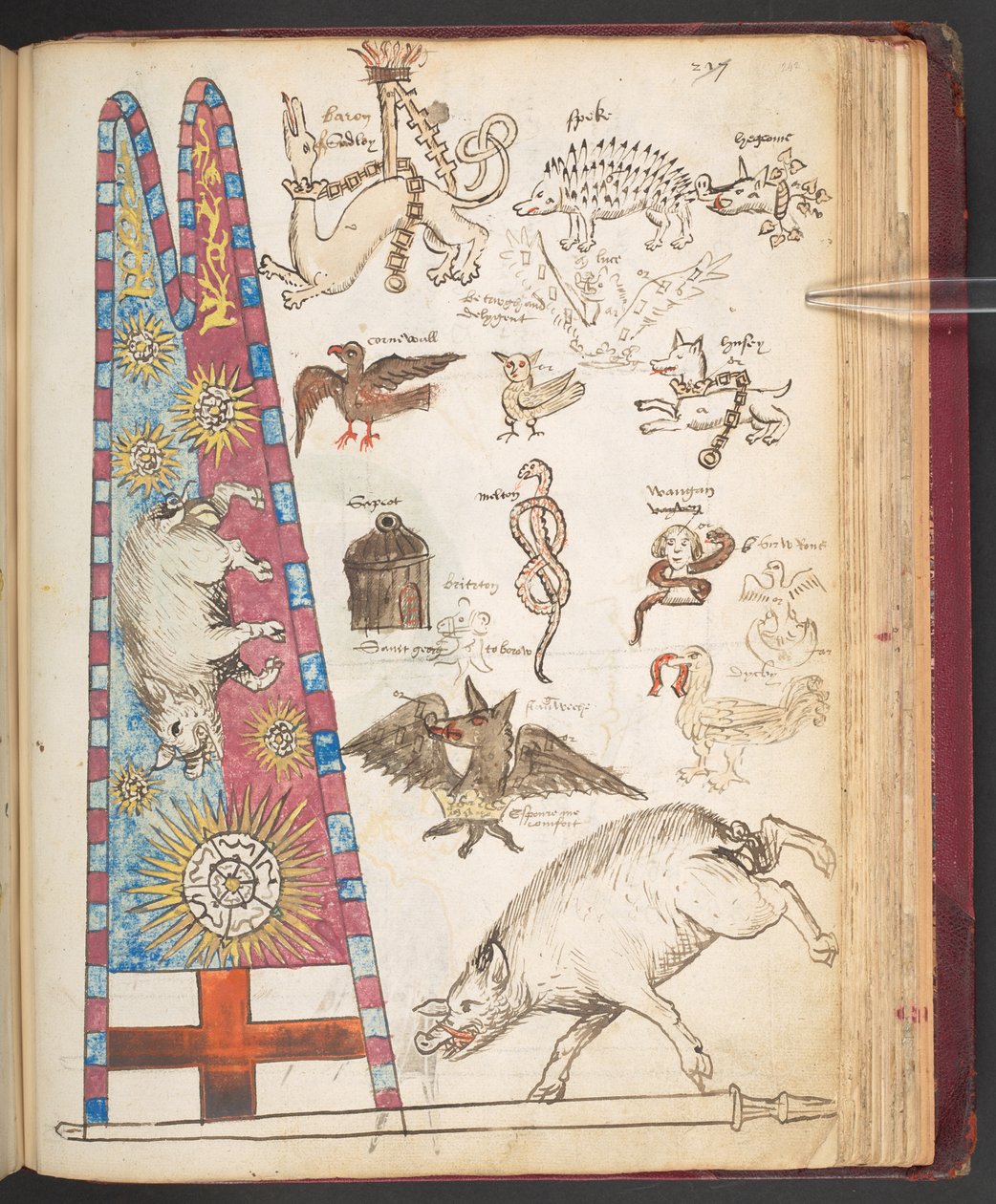 Harley 4632, f.242, Richard IIIs banner i Bosworth, pluss Yorkist-solskur (vellum) av English School