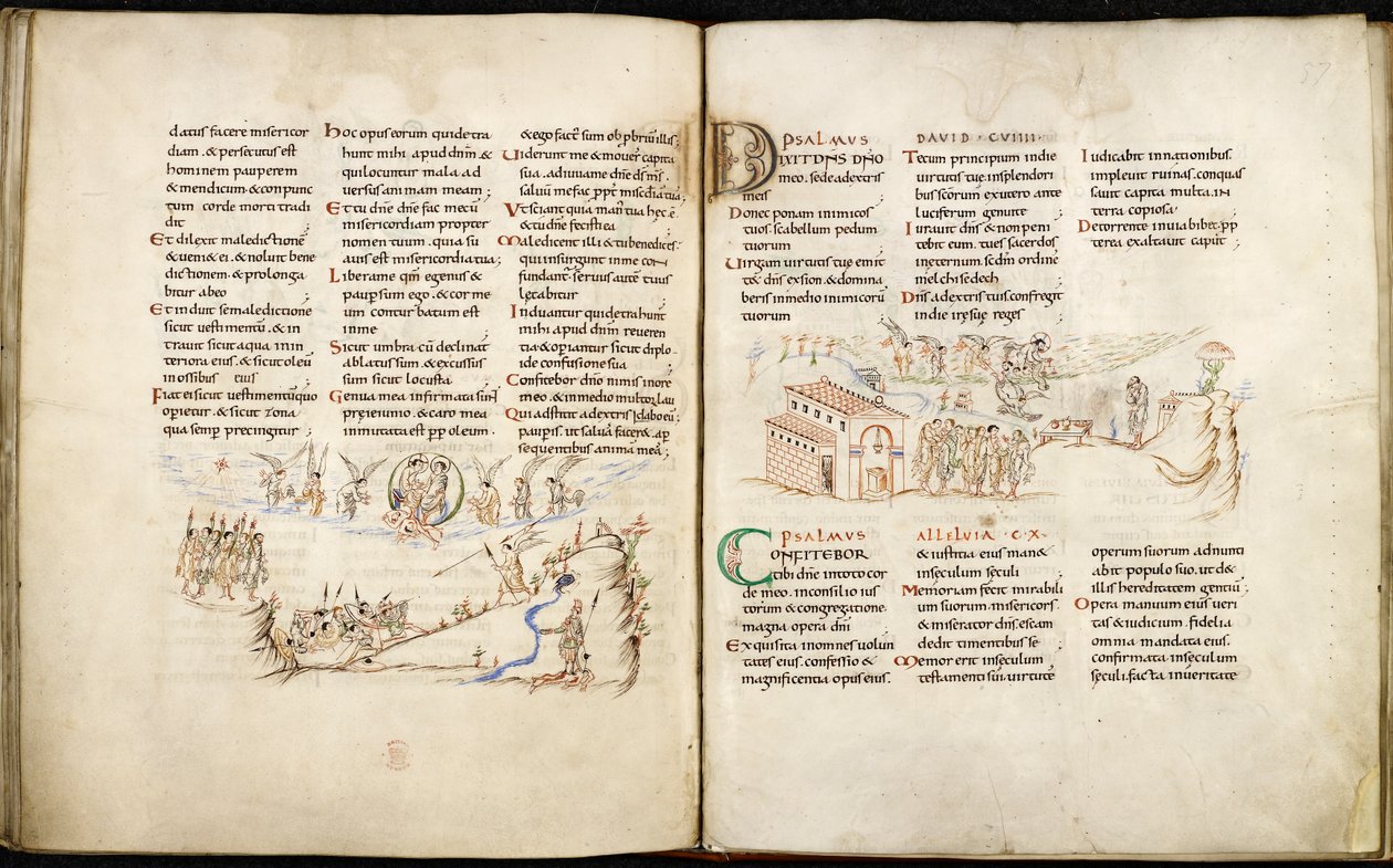 Harley 603 ff.56v-57, Dobbeltsidet oppslag fra Harley Psalter med penntegninger. av English School
