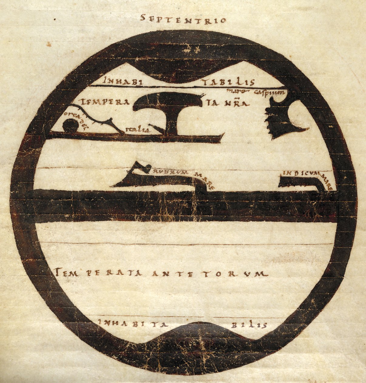 Harley MS 2772 f. 70v, Diagrammatic Zonal World Map, ca.1050 (blekk og tempera på pergament) av English School