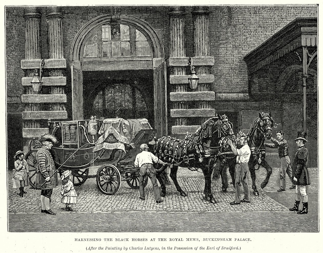 Å utnytte de svarte hestene på Royal Mews, Buckingham Palace (gravering) av English School