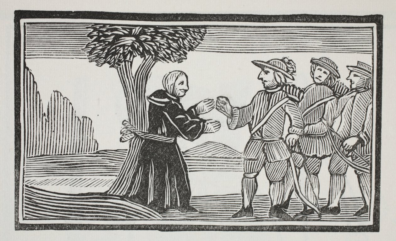 Han bandt abbeden til et tre, illustrasjon fra Chap-books of the Eighteenth Century av John Ashton, pub. 1882 av English School