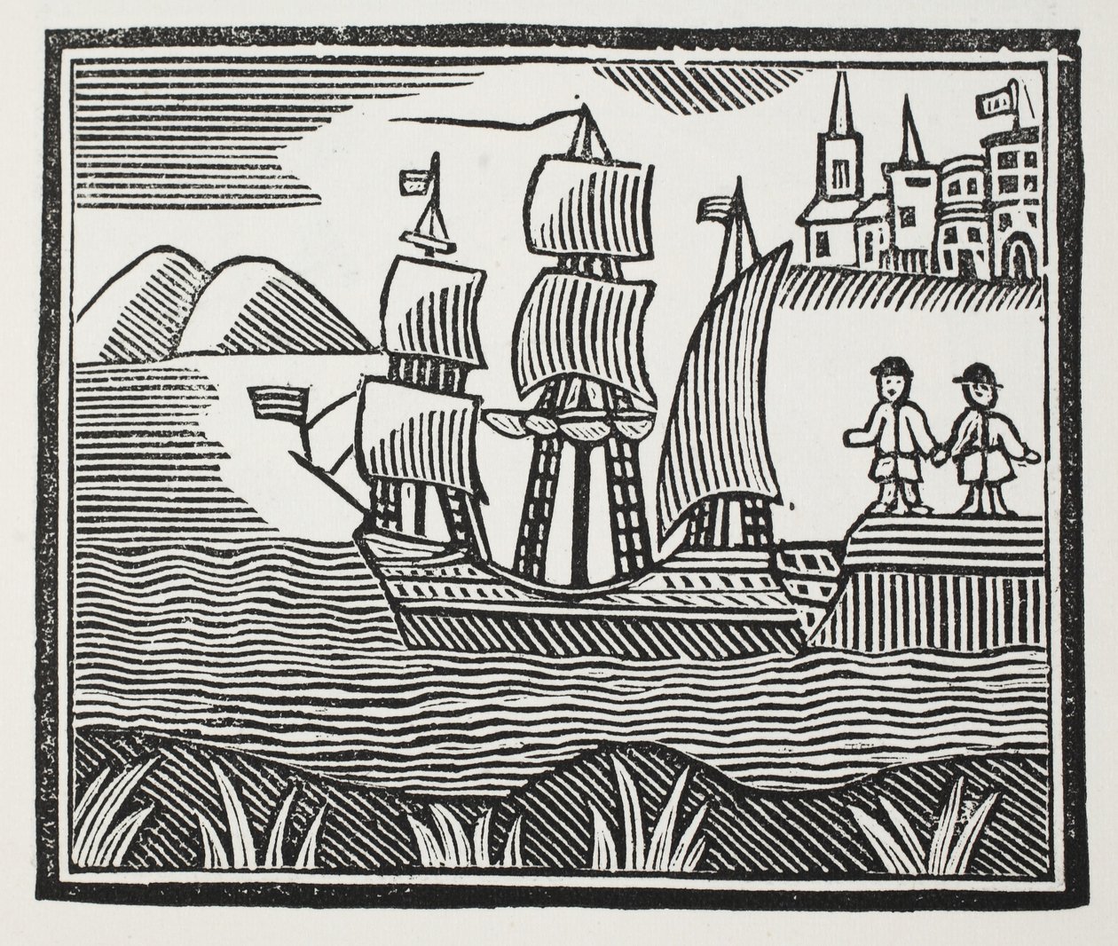 Han setter seil på sin begivenhetsrike reise, illustrasjon fra Chap-books of the Eighteenth Century av John Ashton, pub. 1882 av English School