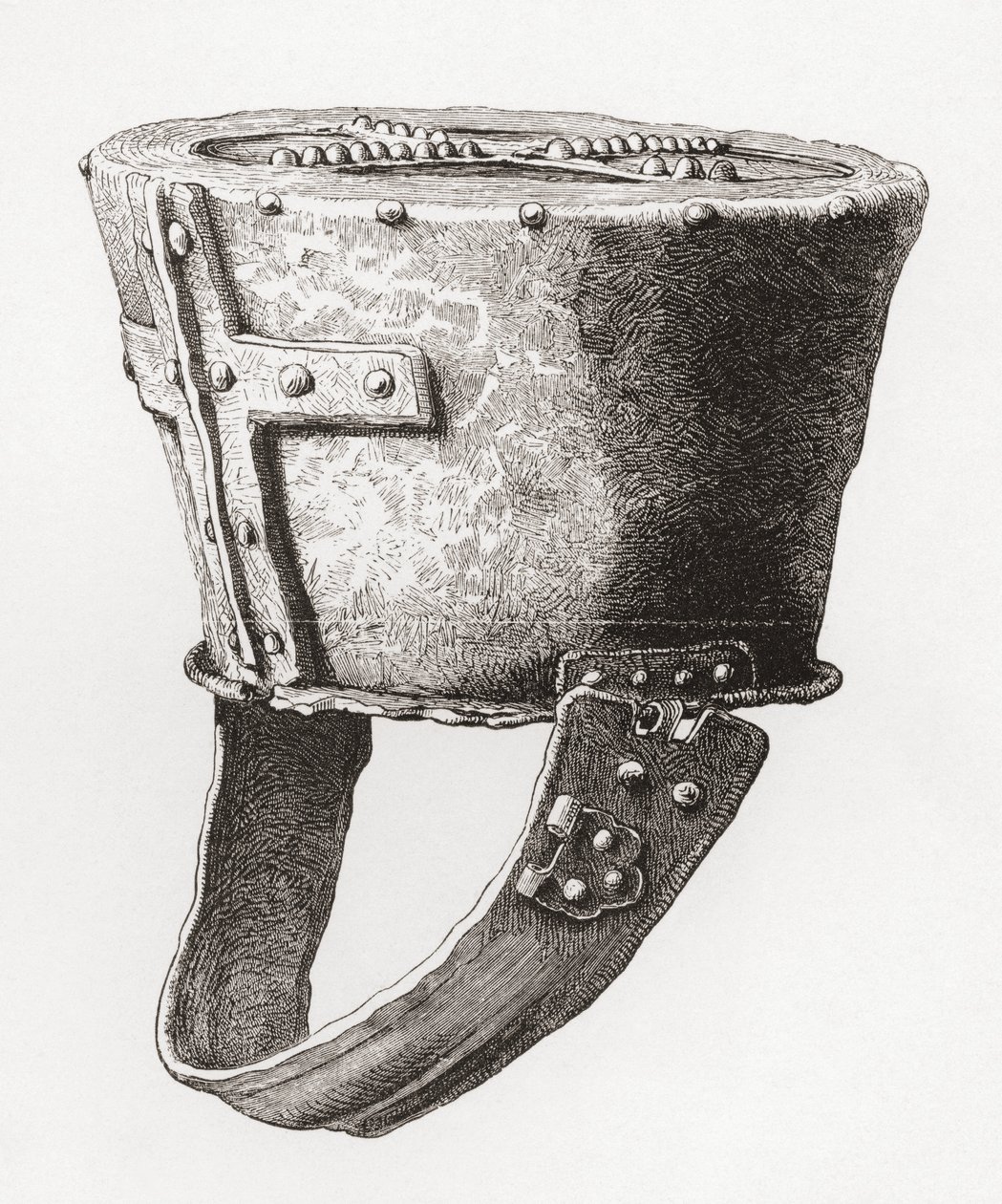 Hjelm, fra Castle Pomeroy, England, fra ca. 1100-tallet, fra The British Army: Its Origins, Progress and Equipment, utgitt 1868. av English School